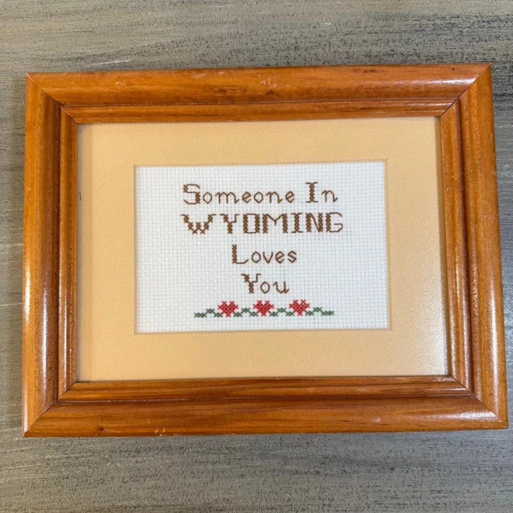 Framed Handmade counted x stitch “someone in WY Loves You” grandmacore